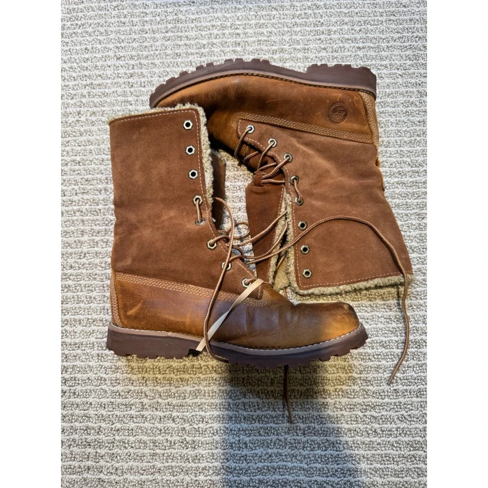 Timberland girls Shearling Lined Lace Up Boots Brown‎ Leather Winter Hiking 4